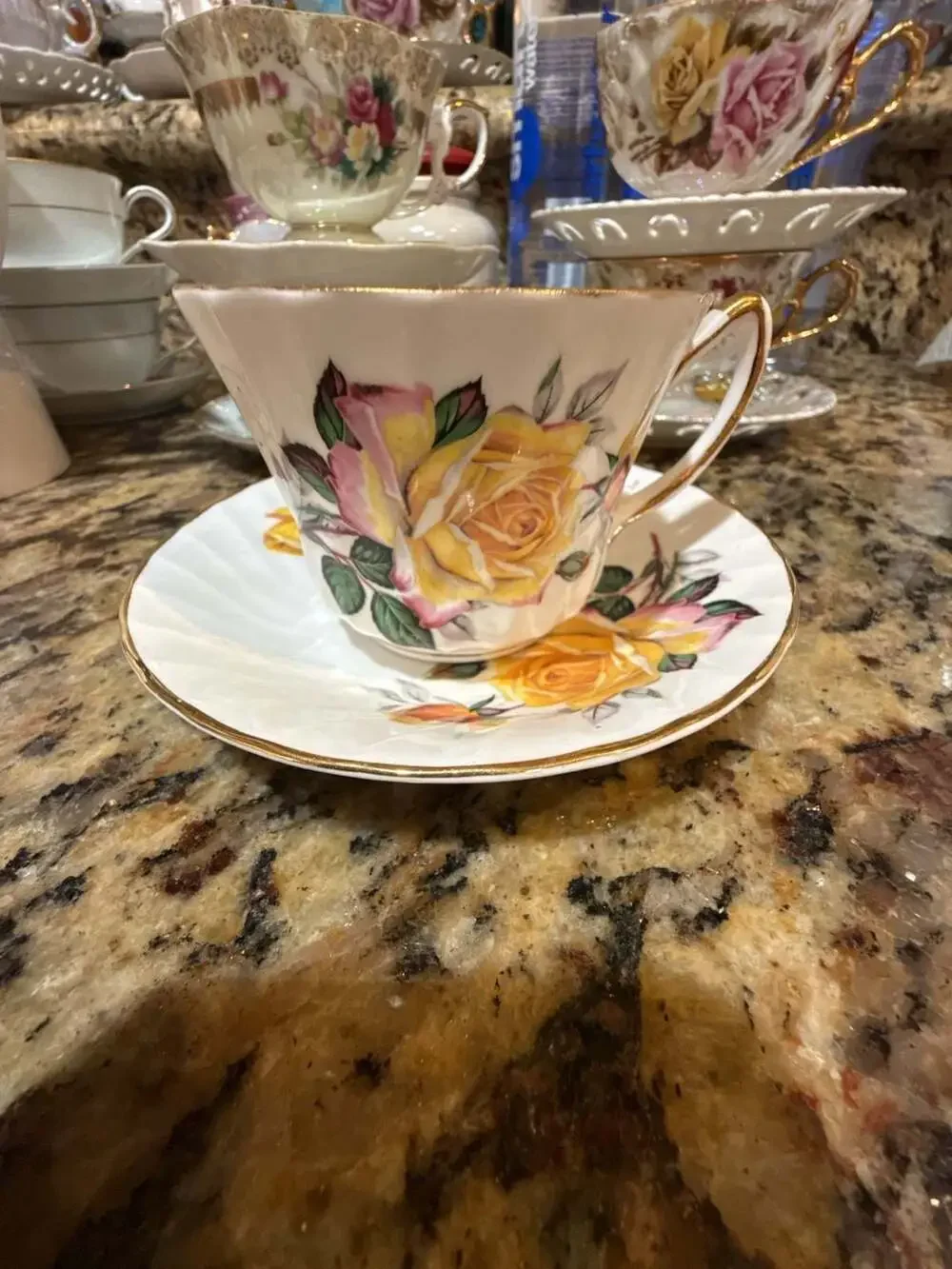 Delphine Bone China Teacup And Saucer Yellow Roses Gold Trim England